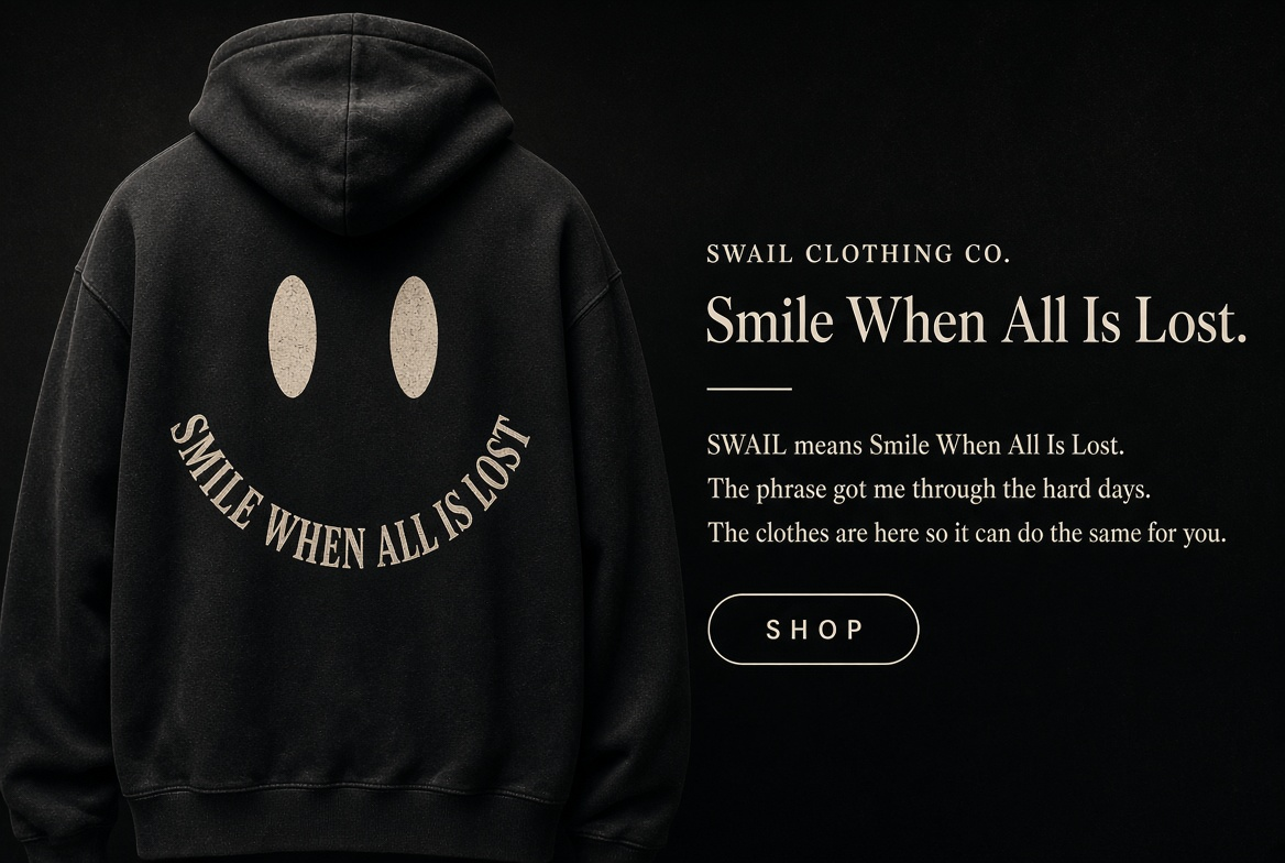 Swail hero — hoodie left, brand copy right